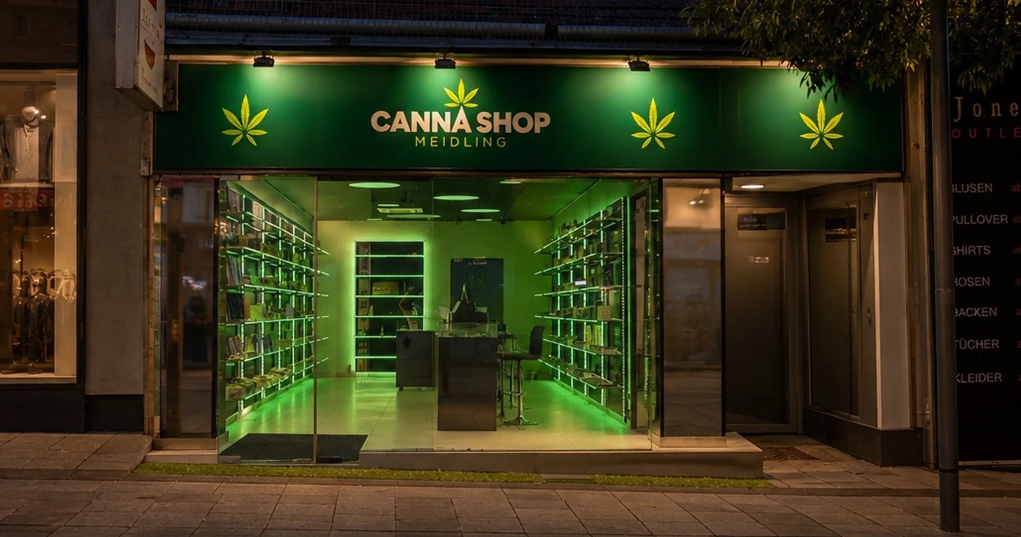 Beleuchtetes Schild des Canna Shop Meidling bei Abenddämmerung an der Meidlinger Hauptstraße 54, 1120 Wien